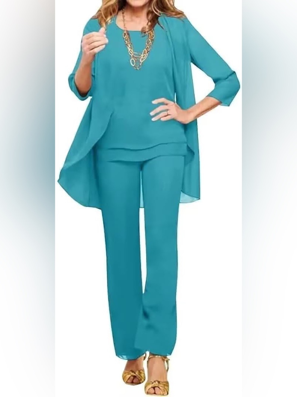 Women's Teal Three- Piece Pantsuit - Elegant Mother of Bride, wedding, formal